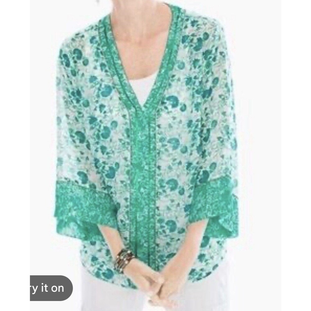 Chico's Women Tunic 2 Large Green Floral Sequin Beaded Sheer Kimono Top